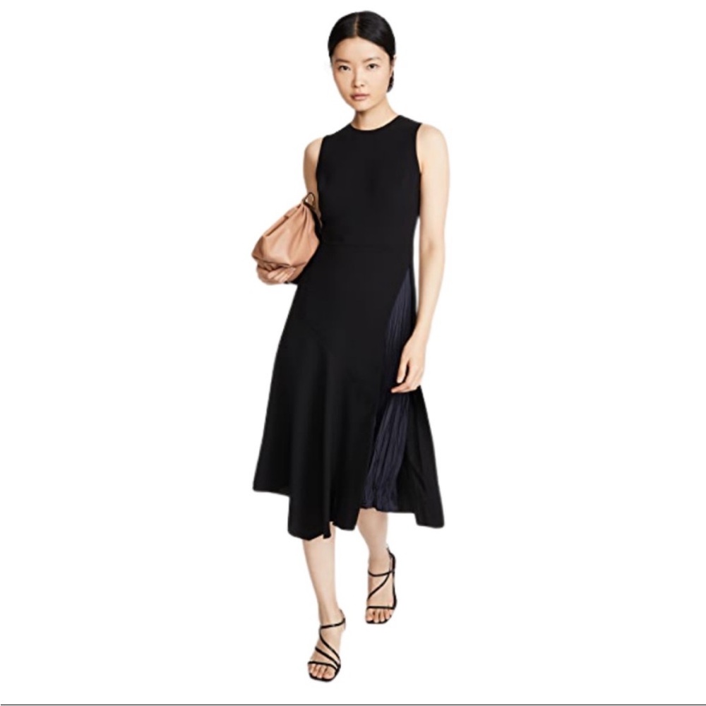 Vince Asymetric Drapped Black Crepe Dress w/ Navy Satin